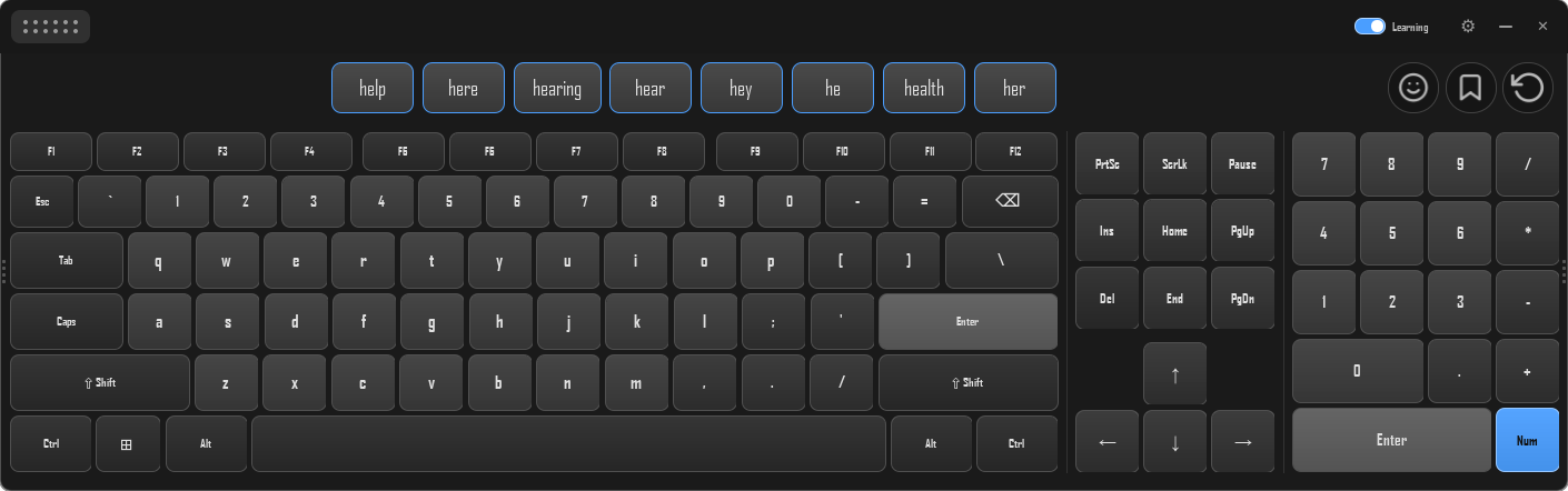 The Alpha-OSK window: a function row, a full QWERTY block, a navigation cluster and a numpad, with a row of word-prediction pills above the keys.