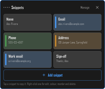 The Snippets window: six colour-tagged tiles in two columns, labelled Name, Email, Phone, Address, Work email and Sign-off.